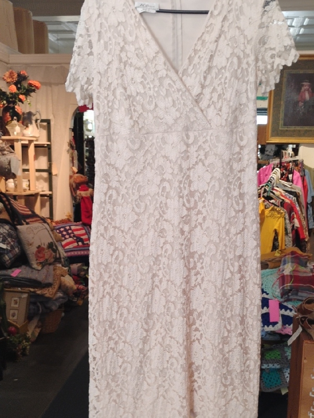 V-Neck Short Sleeve Lace Midi Dress in Ivory